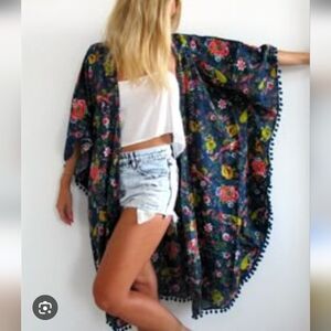 Floral Bohemian Kimono with Pom Pom Trim